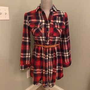 Empire waist style navy and red flannel button up